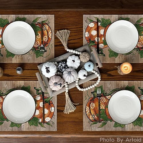 Artoid Mode Wood Polka Dot Pumpkins Fall Placemats Set of 6-12 x 18 Inch