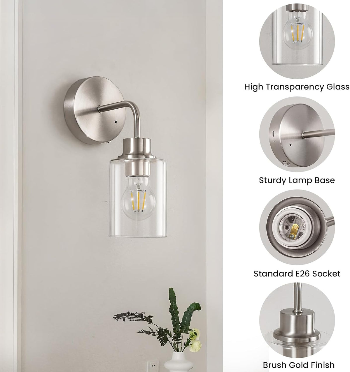 Epinl Battery Operated Wall Sconce Set of Two - Brushed Nickel Rechargeable Wireless Wall Sconces with Remote Control