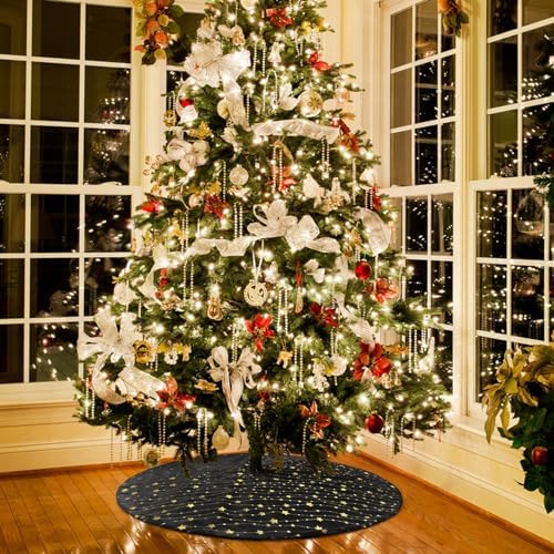 Christmas Tree Skirt Velvet Black 36 inch Large Soft Christmas Tree Mat with Gold Star Pattern for Indoor Outdoor Xmas Holiday Party Decoration