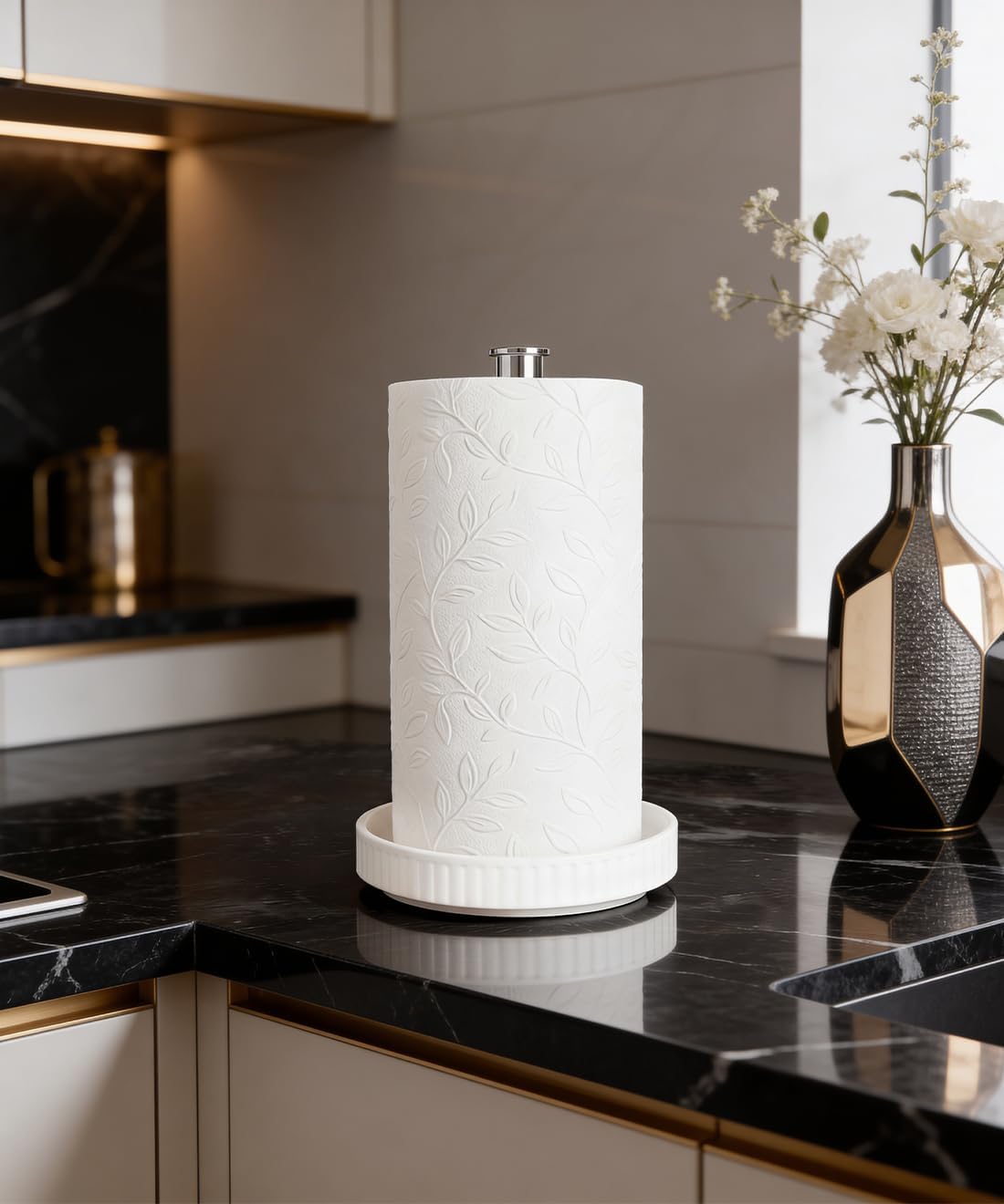 Paper Towel Holder, Ceramic Heavy Plate Base Wobble-Free, Roll Stand-Silver | Effortless Cleaning and Easy to Assemble