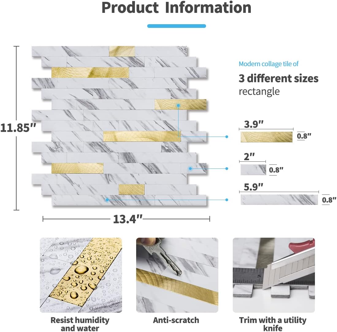 10-Sheet Peel and Stick Backsplash Tile / White Slate with Gold Studded / 13.4 x 11.8 / Set of 10
