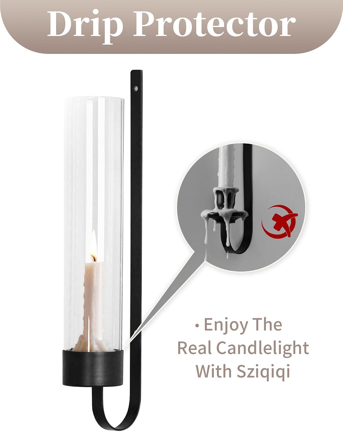 Sziqiqi Black Wall Candle Holders: Metal Candle Sconces for Taper Set of 2 | Set of 2, with Hurricane Glass, Modern