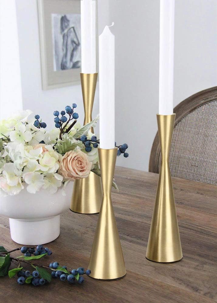 Vixdonos Brass Gold Taper Candlestick Holders Metal Candle Holders Set of 3 Table Mantel Decorative Candle Stand for