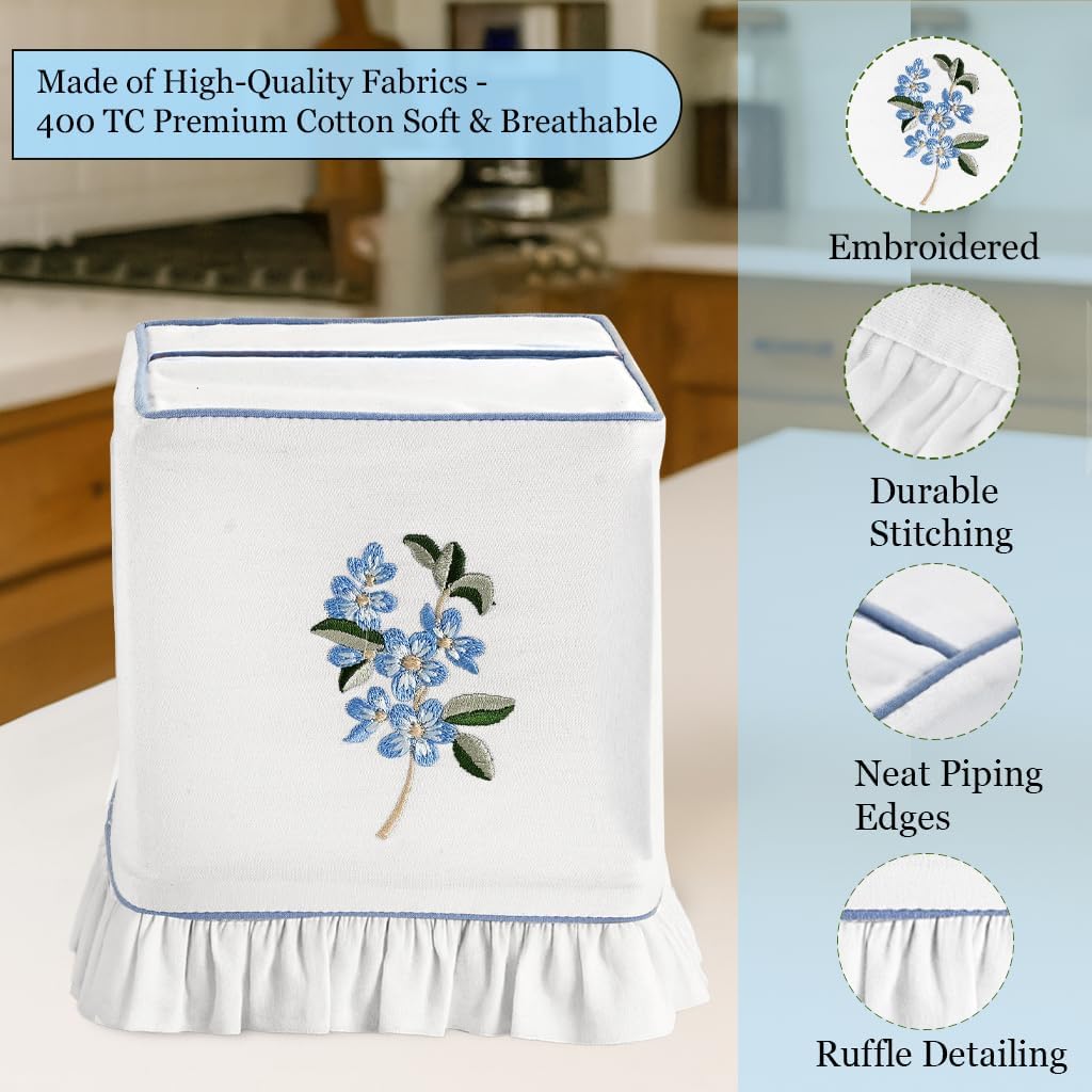 Embroidered White Cotton Tissue Box Cover / Blue Floral