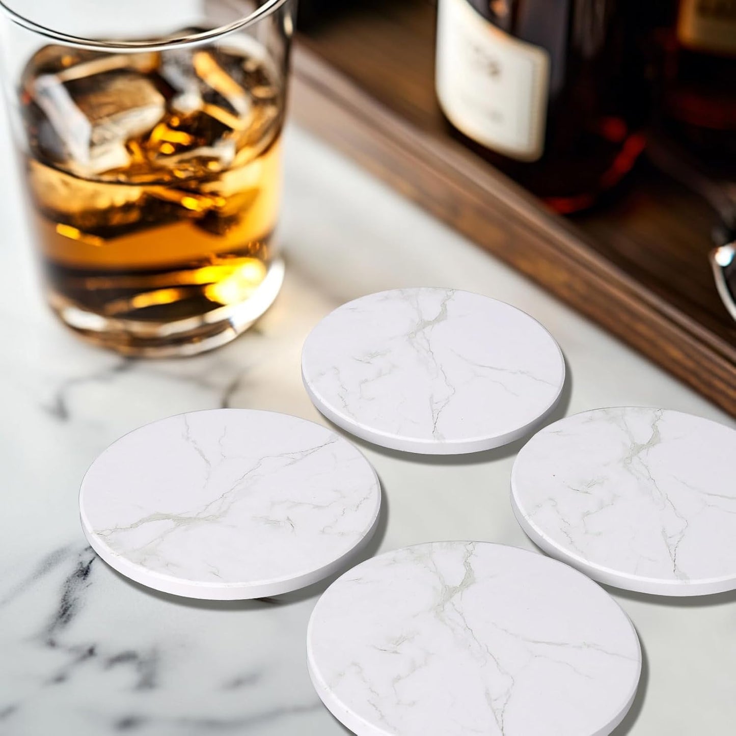 Coasters White Marble Style Ceramic Drink Coasters / White 04 / Set of 6