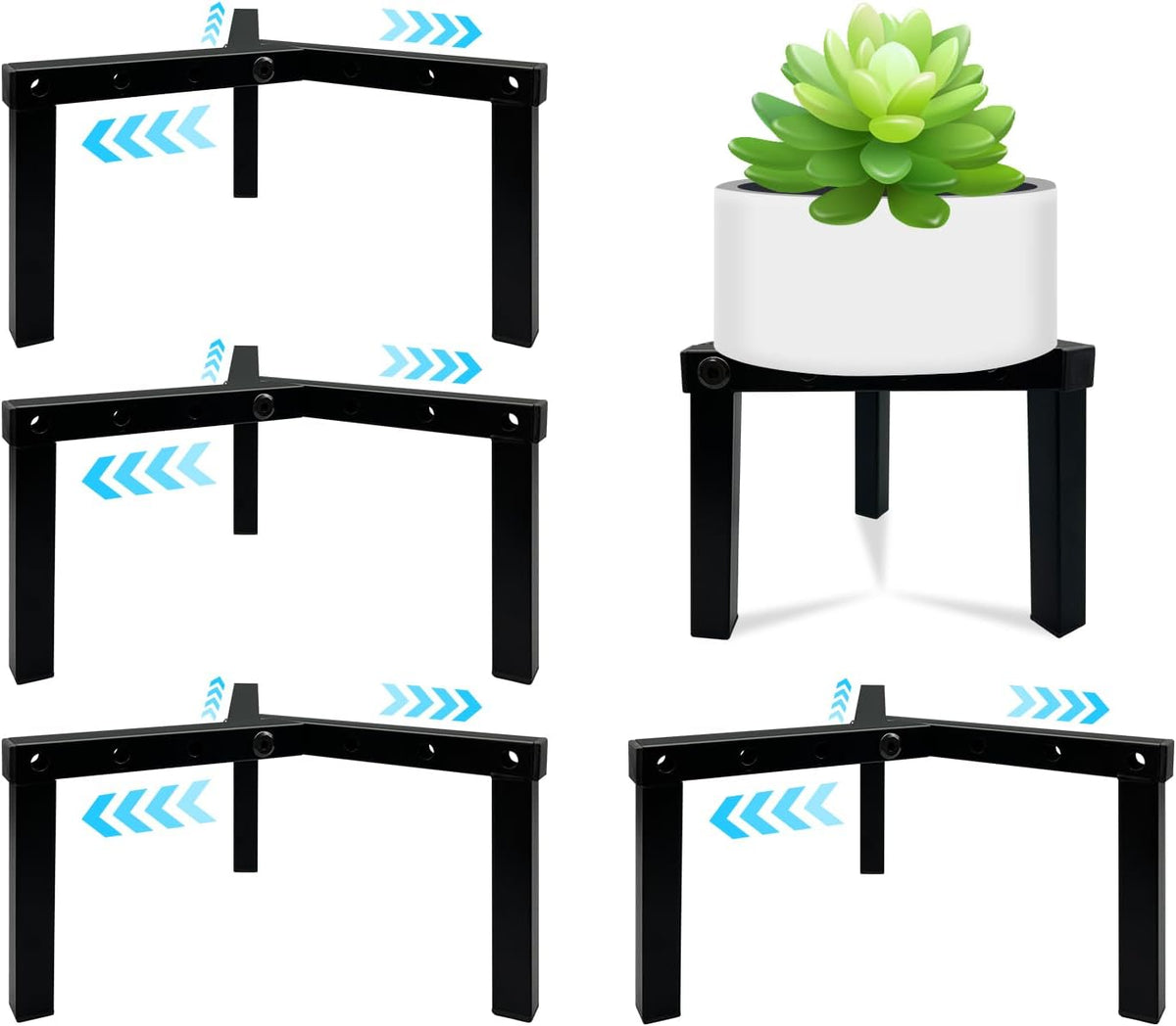 4 Pcs Three Legs Adjustable Metal Plant Stand for 5"-10" Plant Pot – Indoor & Outdoor (Black, 4 Pack)