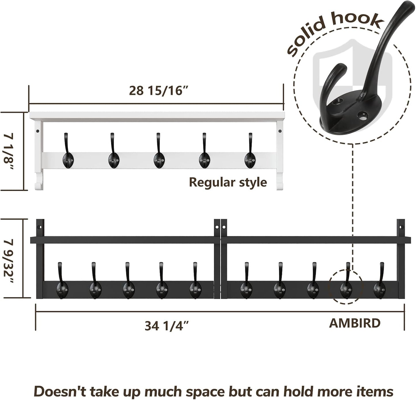 AMBIRD 34.2" Extra Long Wooden Wall Hook Rack with Shelf - Versatile and Decorative Wall-Mounted Storage with 10 Hooks