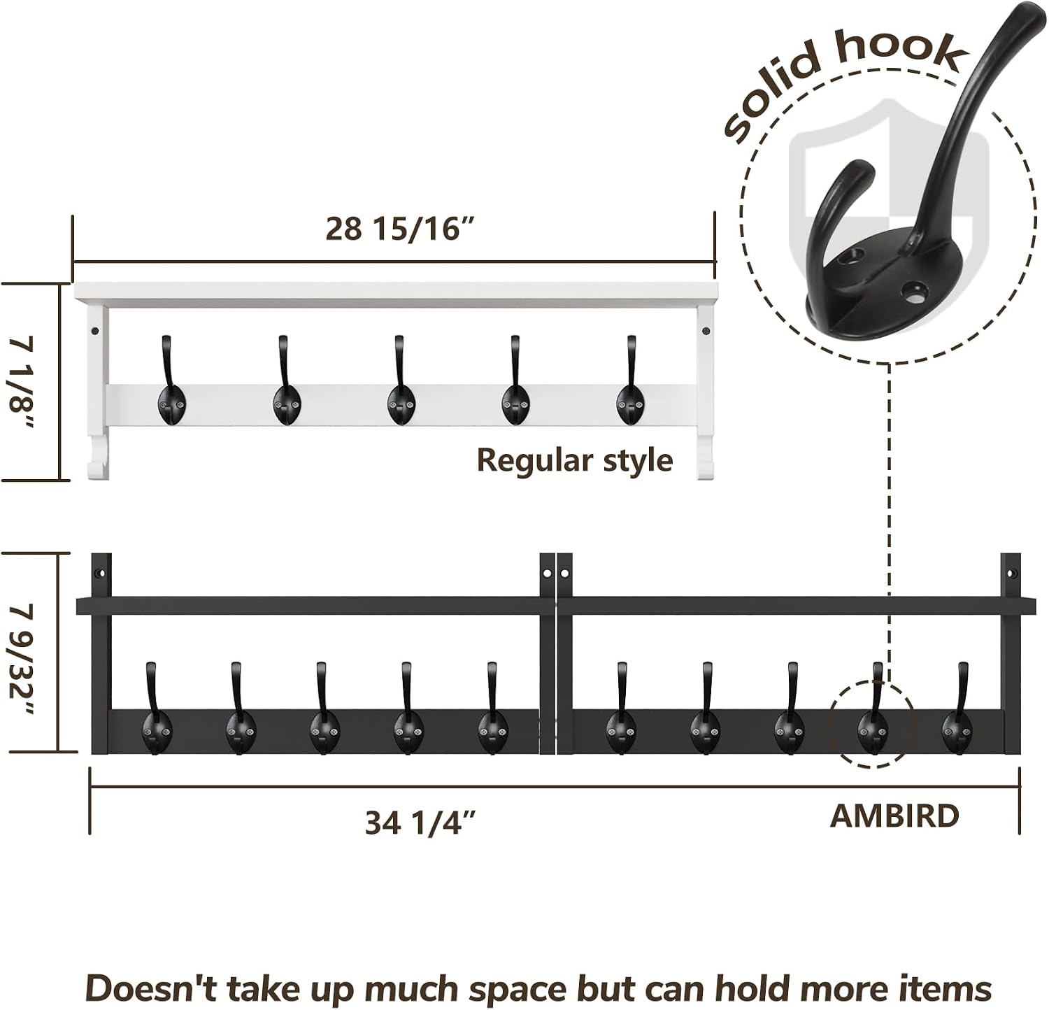 AMBIRD 34.2" Extra Long Wooden Wall Hook Rack with Shelf - Versatile and Decorative Wall-Mounted Storage with 10 Hooks