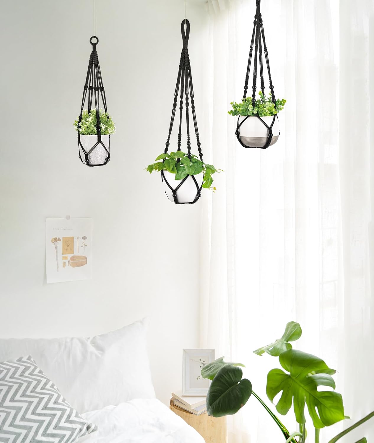 Macrame Plant Hangers Indoor Different Size Hanging Planter Basket / Medium / Black / Set of 3
