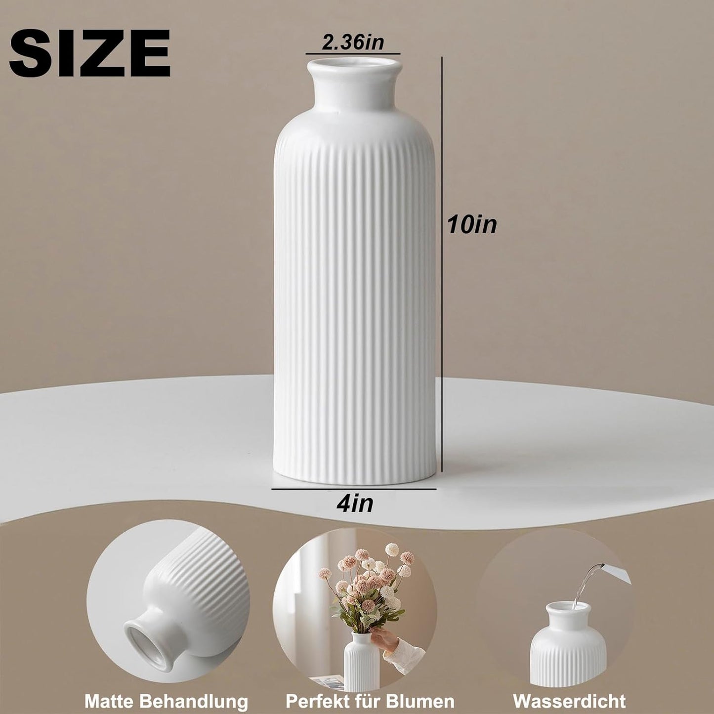 Modern Textured Decorative Vase / Matte Glaze White / 10 Inch