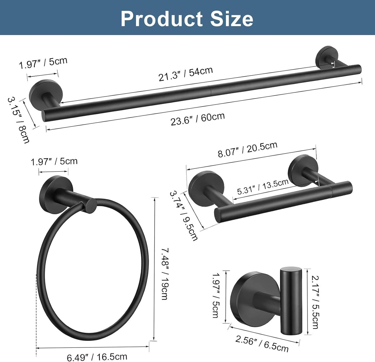 5 Pieces Matte Black Bathroom Hardware Accessories Set, Bathroom 23.6 Inch Towel Bar Set Stainless Steel Toilet Paper