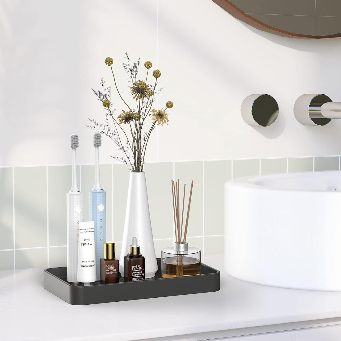 10" Ceramic Soap Dispenser Tray / Black / 9.9 x 5.7 x 1.1