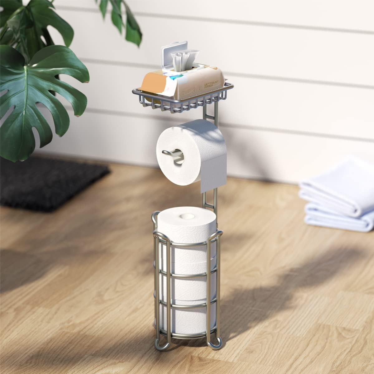 Toilet Paper Holder Stand Bathroom Tissue Dispenser Holders Rack Free Standing with Extra Shelf Storage Mega