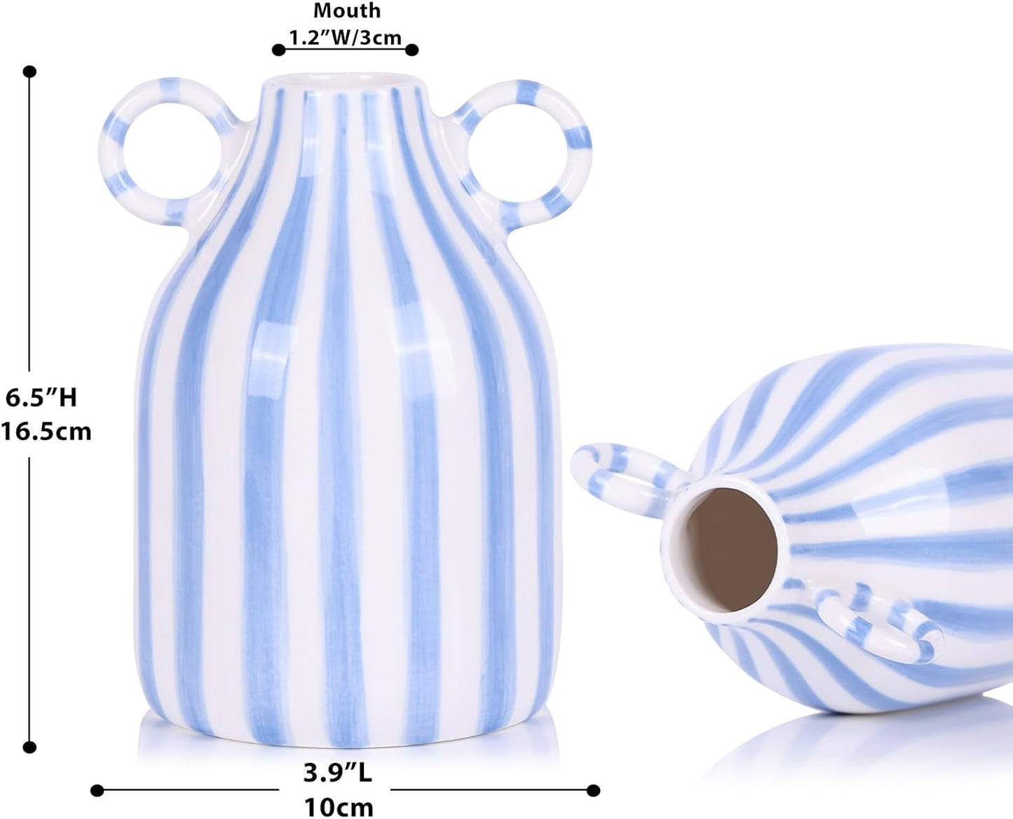 Ceramic Blue and White Striped Vase / Blue White