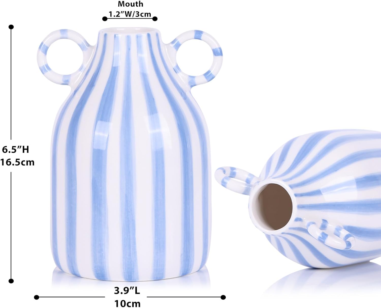 Ceramic Blue and White Striped Vase / Blue White