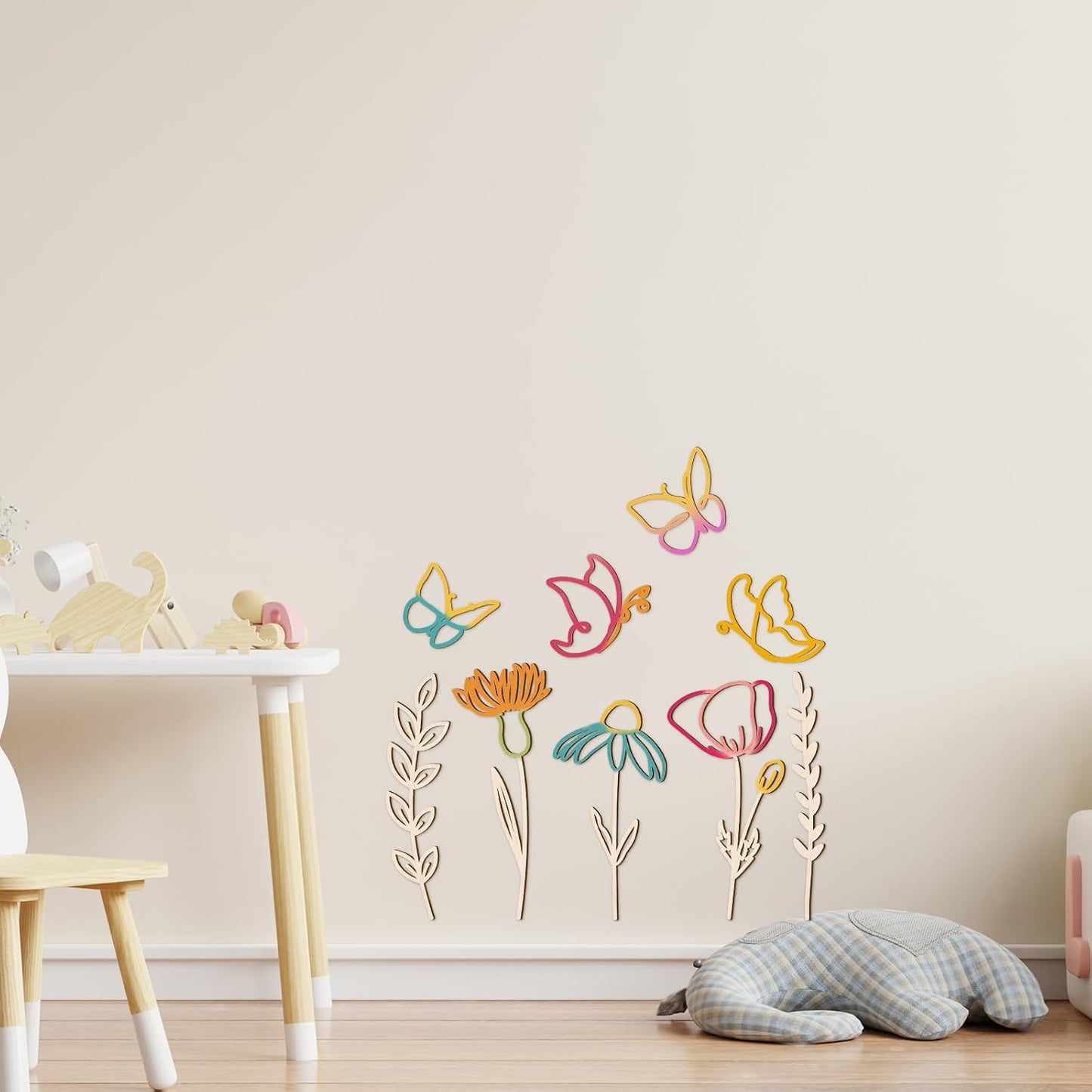 Wooden Wildflower Wall Decor Boho Flower Cutout Nursery Decor Floral Sign Decal / Set of 9