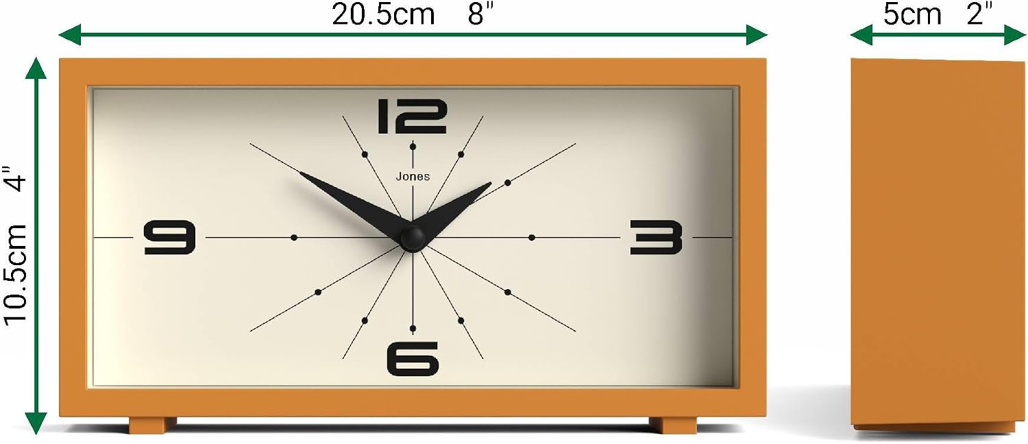 JONES CLOCKS® Odeon Desk Clock | Modern Rectangular Design | Mustard Yellow | Stylish Retro Look for Shelf, Table