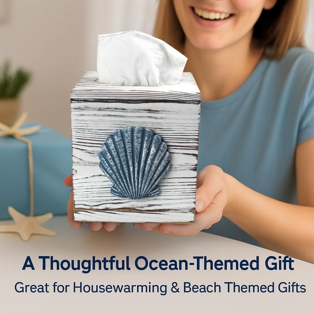 Coastal Tissue Box Cover Wooden Retro / Seashell