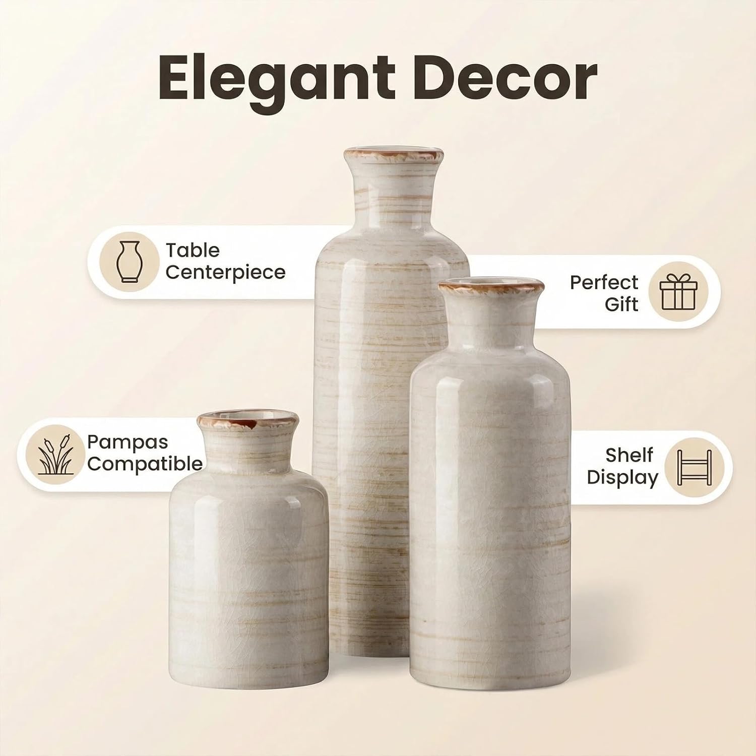 Ceramic Rustic Vase 3 Piece Set / Ivory