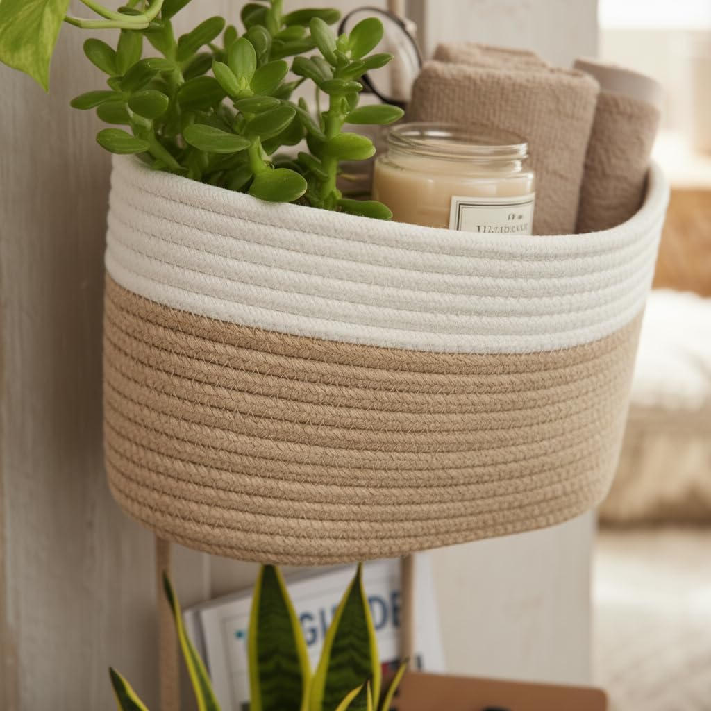 Hooks / Hanging Wall Basket / White&jute