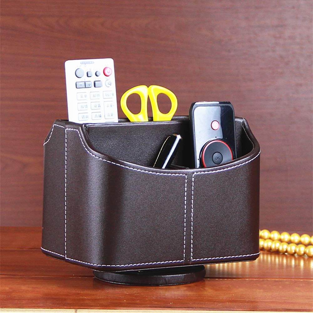 PU Leather Remote Control Holder 360 Degree Spinning Desk Organizer Storage Box for Remote / Brown