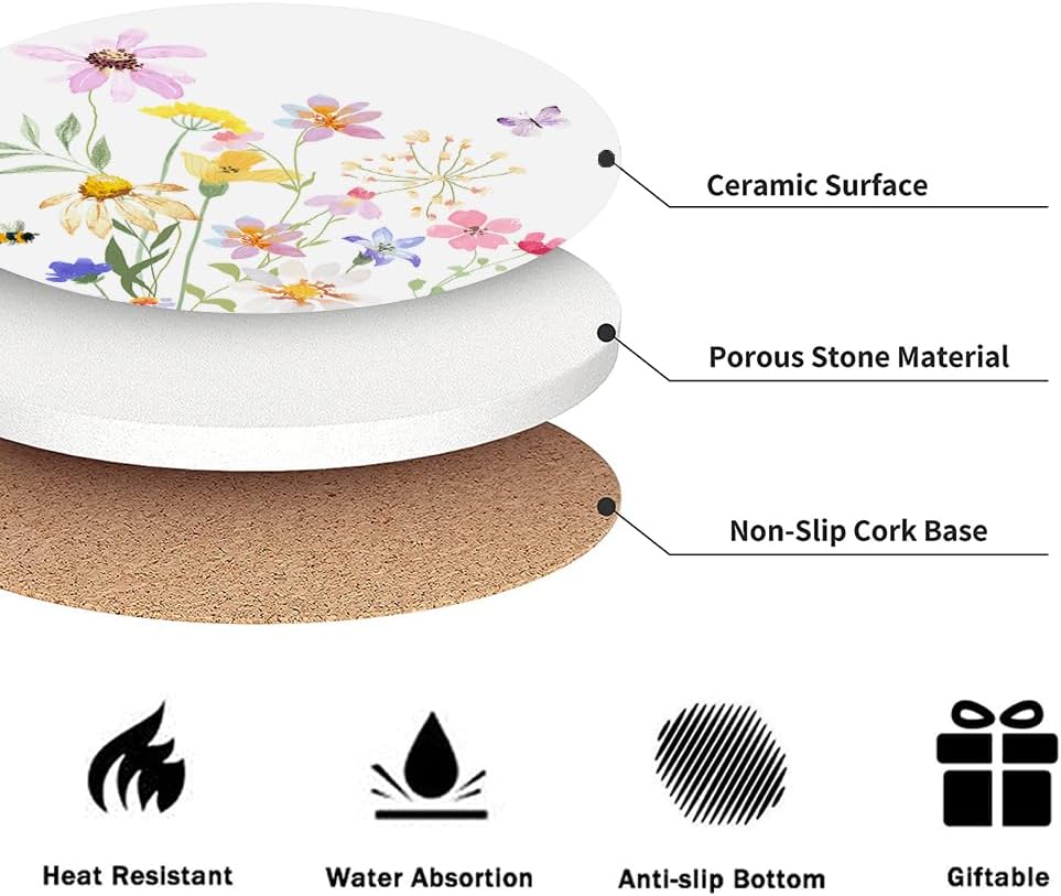 Holder / Drink Absorbent Coasters / Botanical Floral / Round / Set of 6