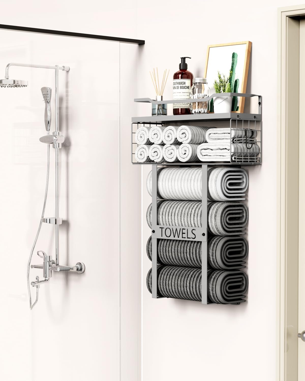 Towel Racks for Bathroom Wall Mounted - Bath Wall Towel Holder Set Above Toilet Storage, Rolled Towel Shelf Organizer