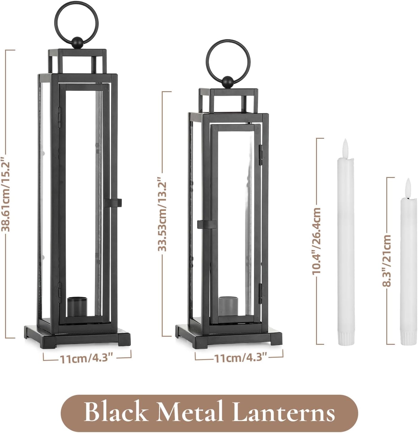 Black Lantern Decorative Indoor, with LED Taper Candles | 15" & 13", with Glass, Waterproof Outdoor Metal Lanterns, Set