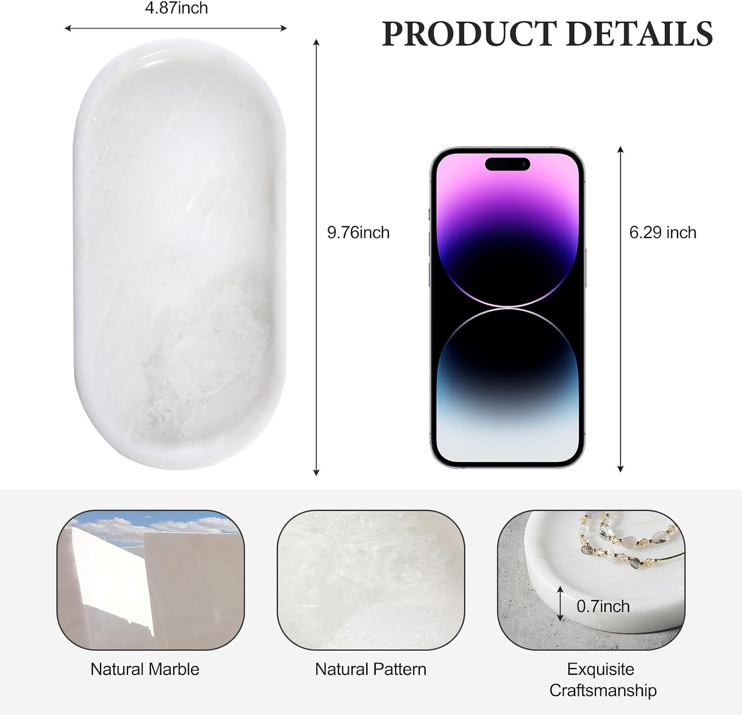 Marble Vanity Tray / Namib Bianco White / 10 x 5 x 0.7