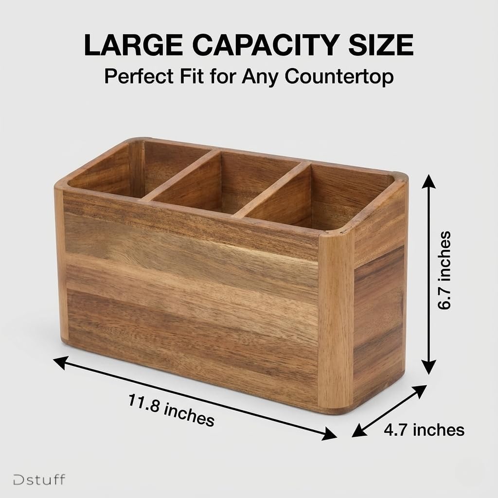 Dstuff Wood Utensil Holder for Kitchen Counter - Large Kitchen Utensil Holder for Countertop - Acacia Wooden Utensil