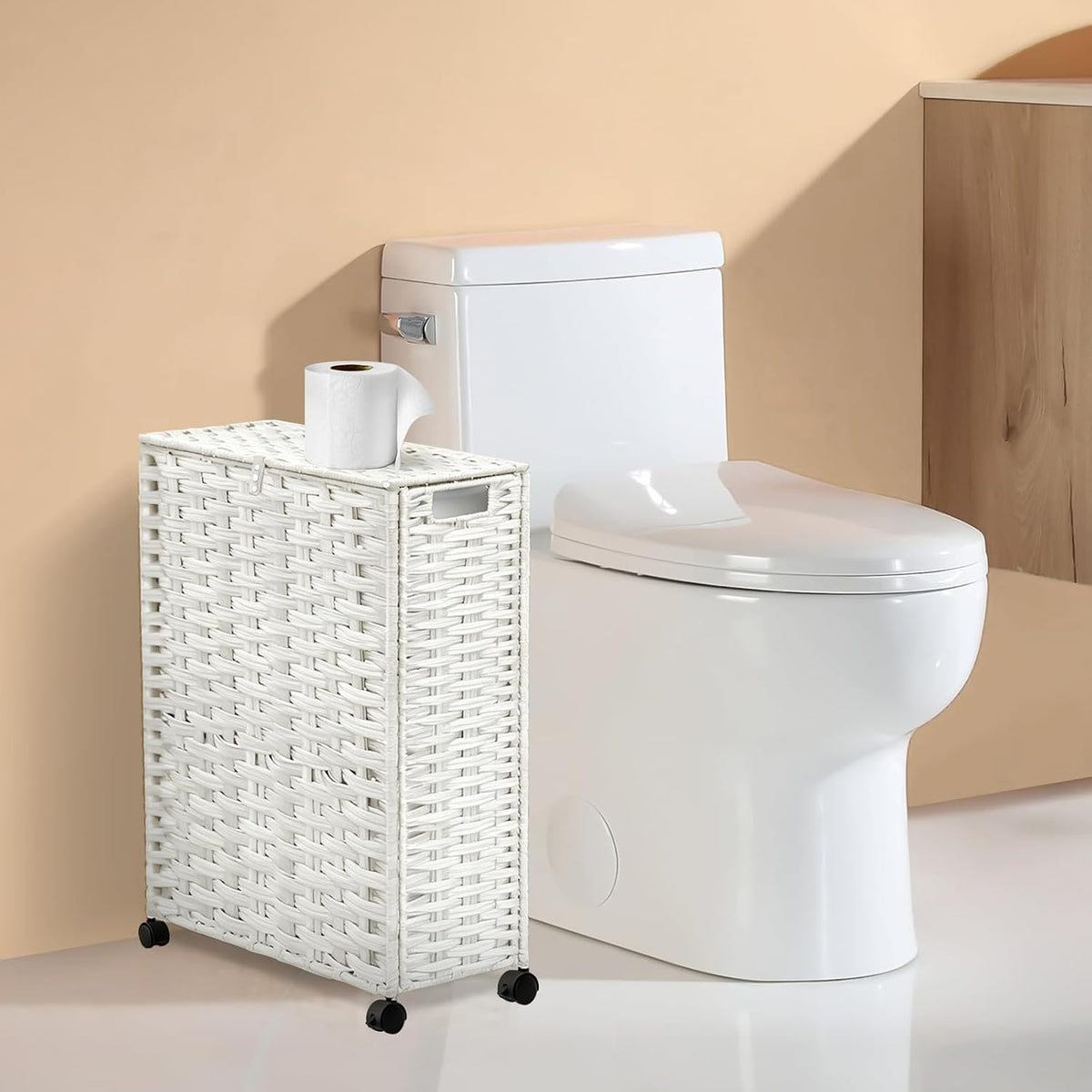 Hiagnete Toilet Paper Storage Basket with Lid and Wheels, Rattan Toilet Paper Holder Storage, Toilet Paper Organizer