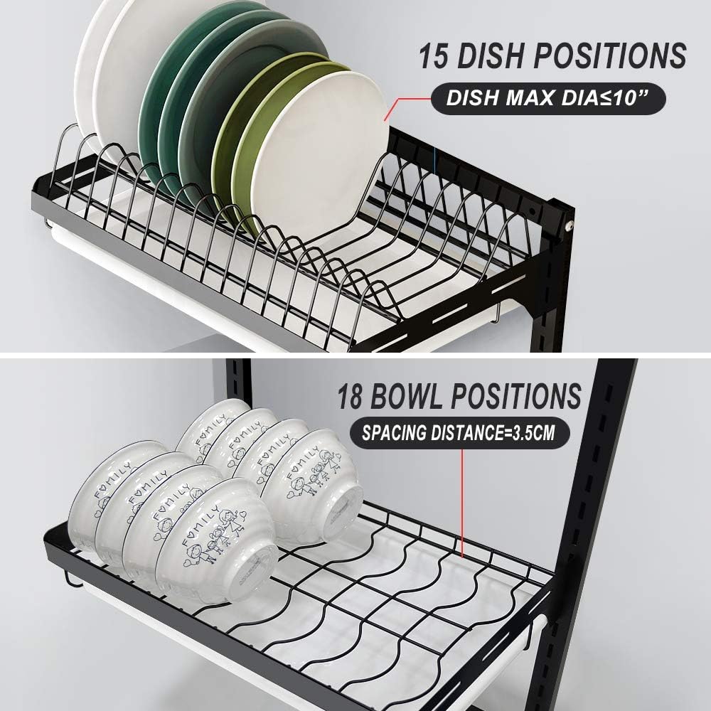 junyuan Hanging Dish Drying Rack Wall Mount,Dish Racks Drainer,3 Tier Kitchen Plate Organizer Storage Shelf with Drain