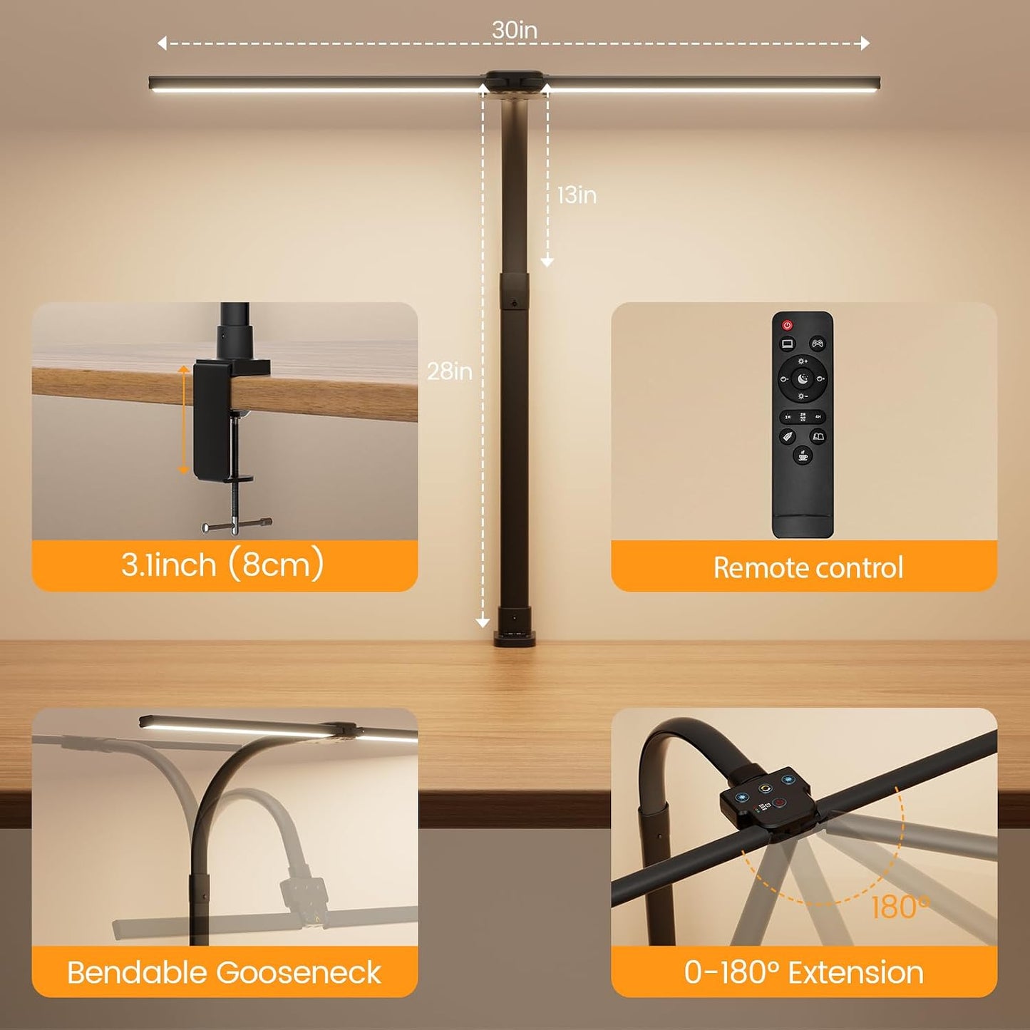 LED Desk Lamp for Home Office, 24W Computer Desk Light with Remote Control, Bright Table Lamp with Clamp Dimmable Tall