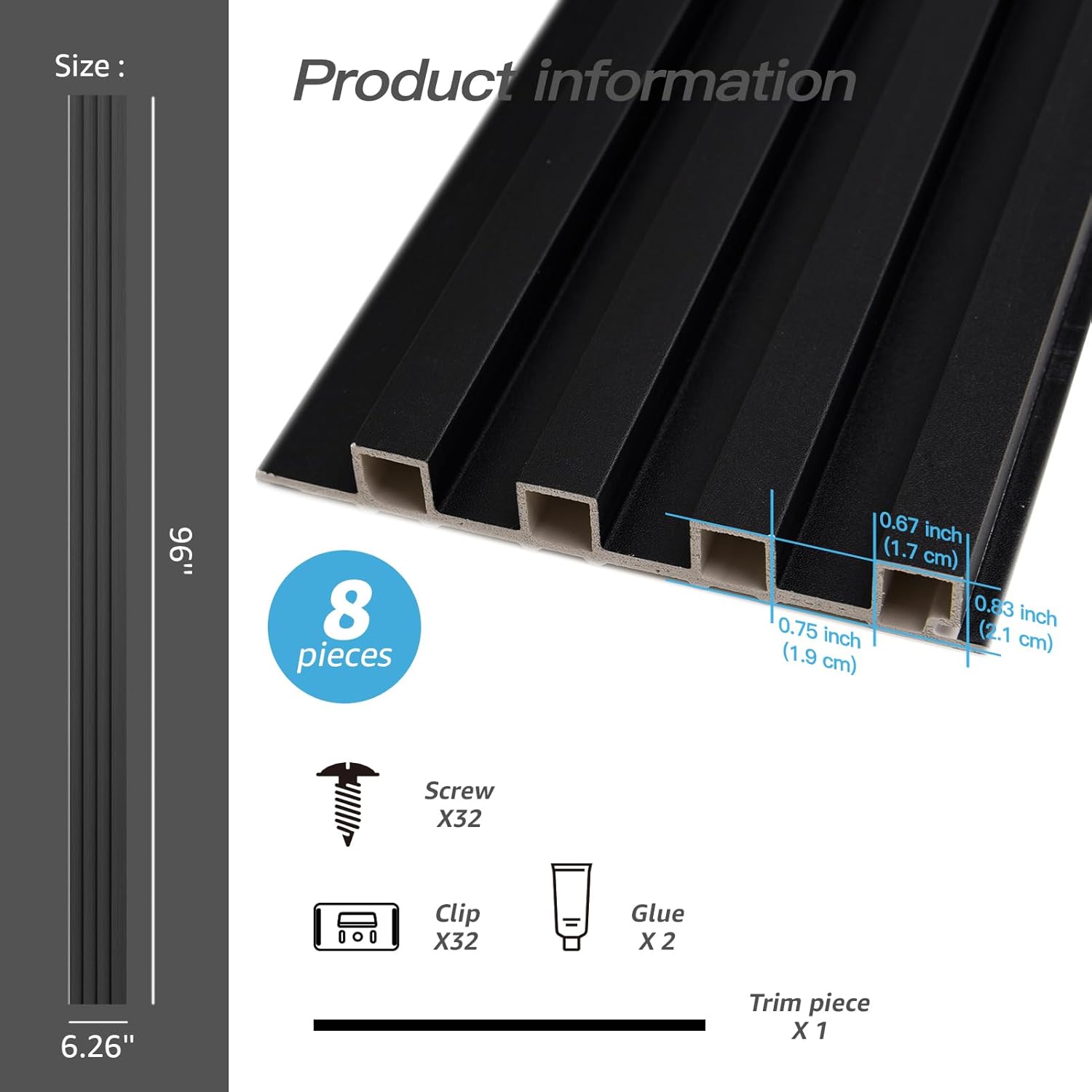 in. WPC Acoustic Slat Wall Panel for Modern Interior Decor / 96*6 / Matte Black / 96 x 6 / Set of 8