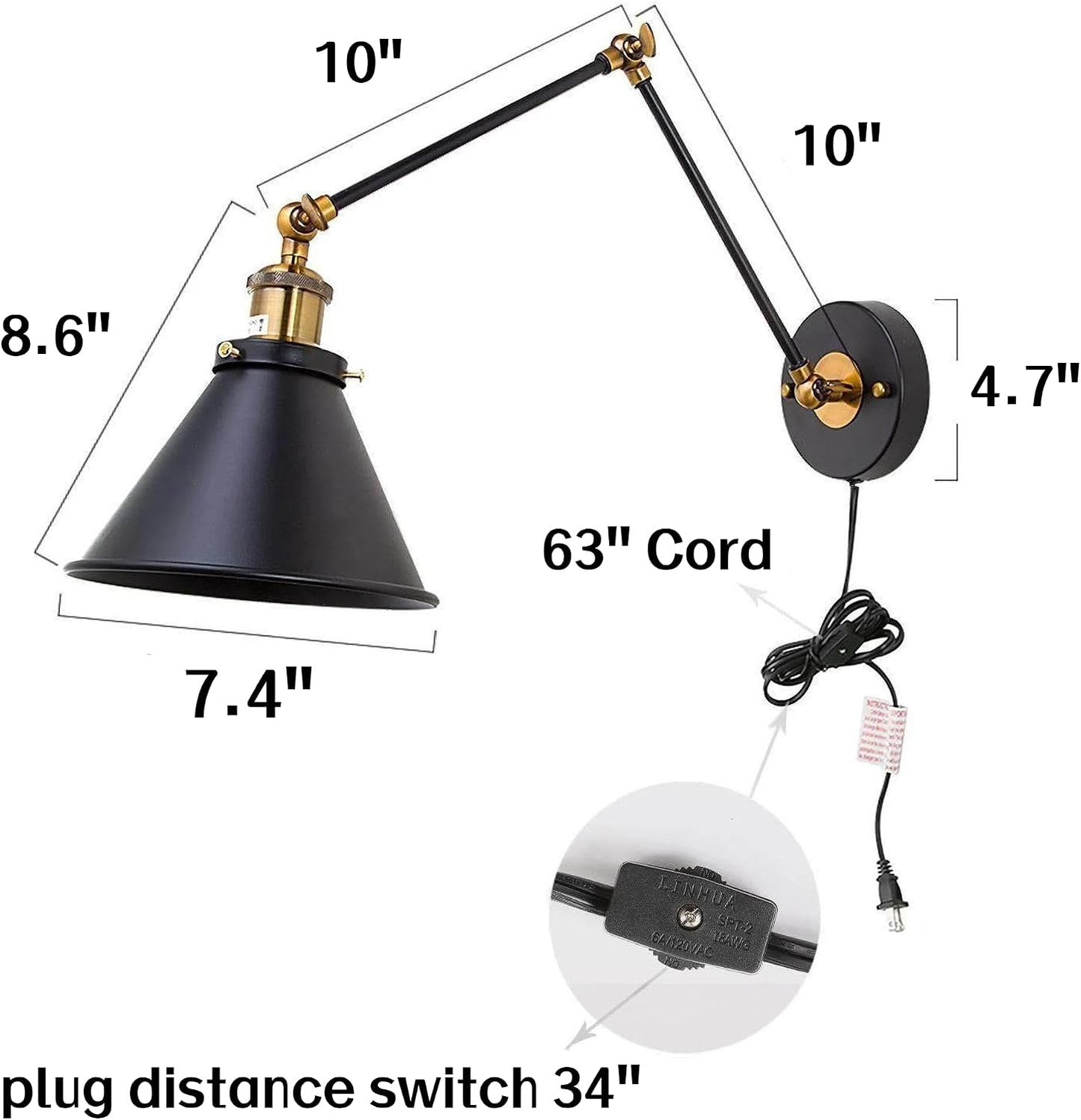 Black Wall Sconces Lighting, 2 Pack Modern Industrial Swing Arm Plug in or Hardwired Adjustable Wall Lamp with Antique