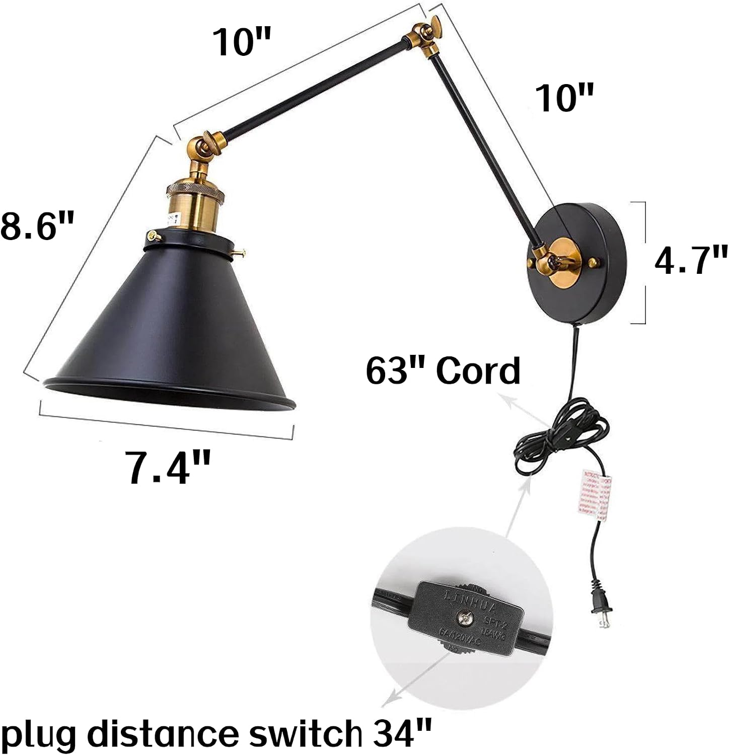 Black Wall Sconces Lighting, 2 Pack Modern Industrial Swing Arm Plug in or Hardwired Adjustable Wall Lamp with Antique