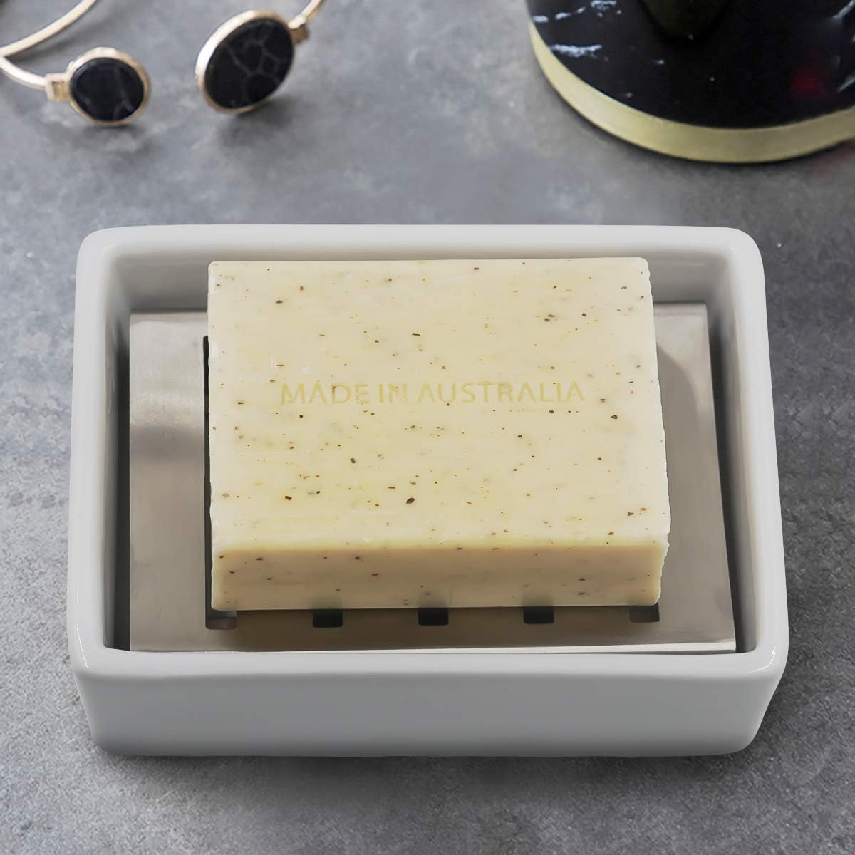 Ceramic Soap Dish Holder Stainless Steel / White