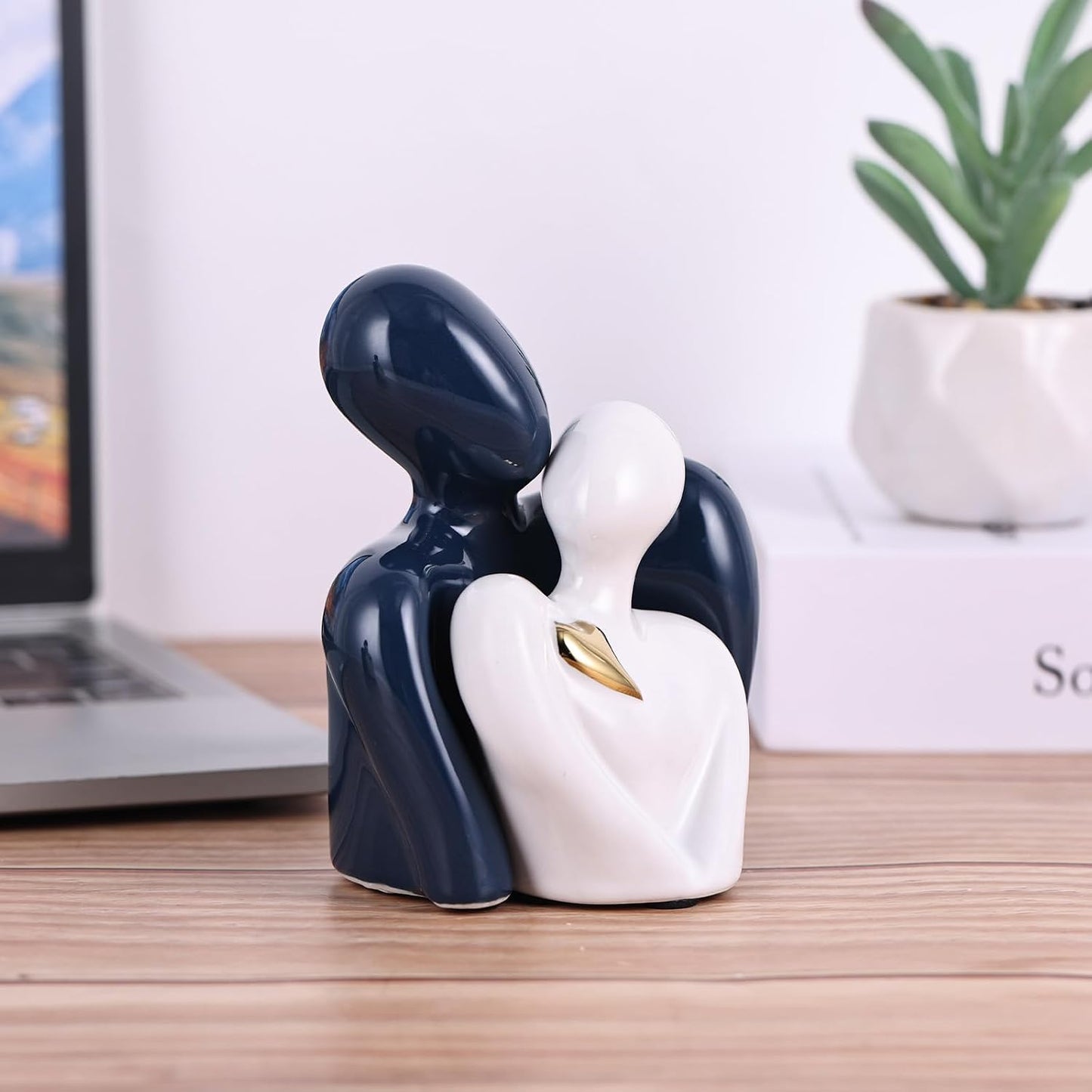 Mini Couple Ceramic Small Statue / Blue White and Gold