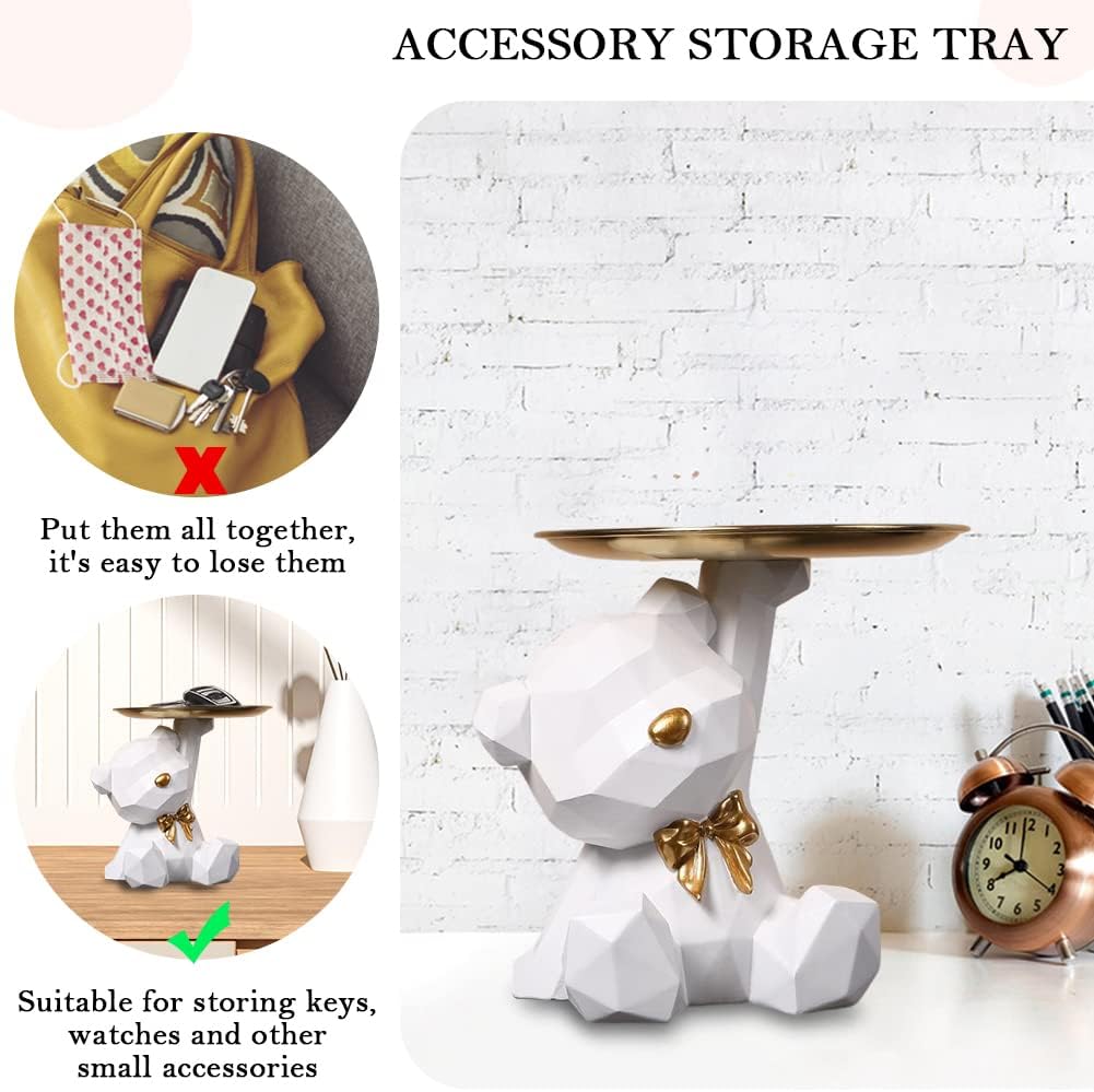 Geometric Bear Storage Tray Resin Lovely Nordic Bear Sculptures Keys Holder Lipsticks / White
