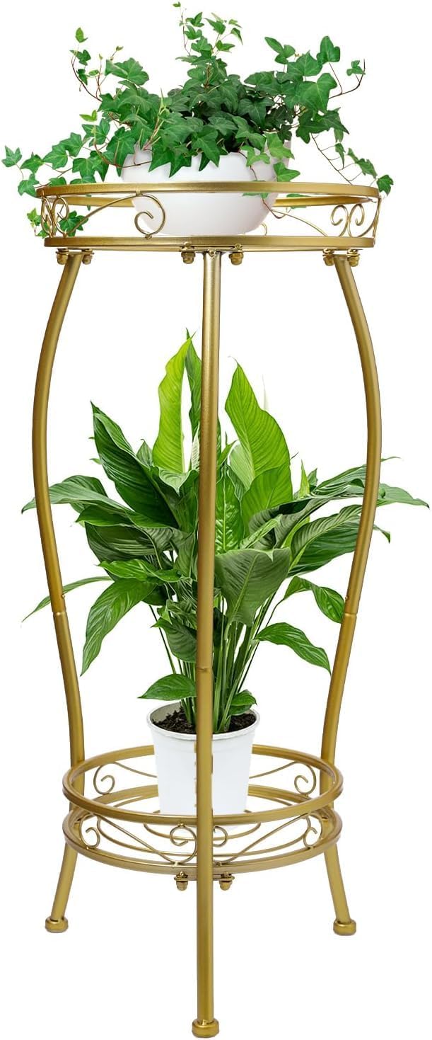 Kavlium Plant Stand Indoor Outdoor, Tall Metal, 2 Tier 27.1 Inch, Gold | Rustproof Metal, Stable 3-Leg Base, Heavy Duty