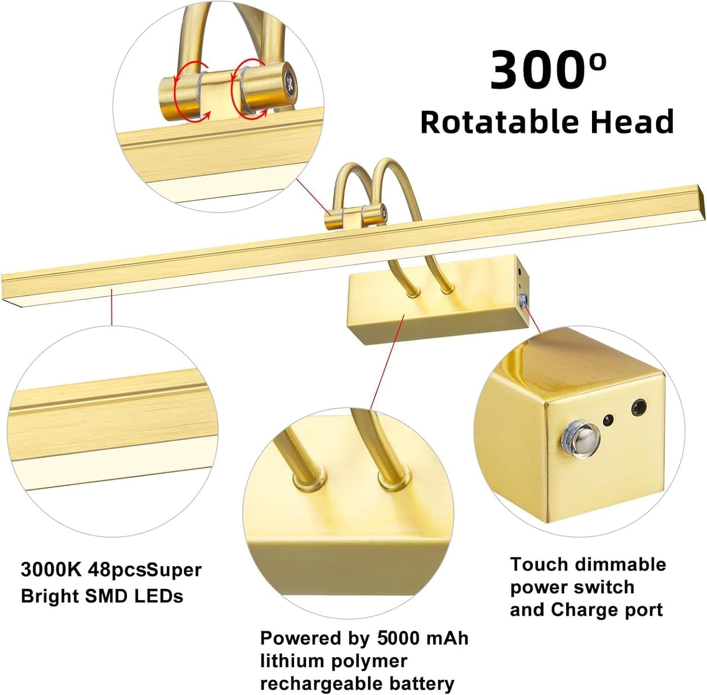 Wireless Picture Light Rechargeable, 16", Brass | 2 Colors, 280LM Dimmable, 5000mAh Battery Operated Wall Light with
