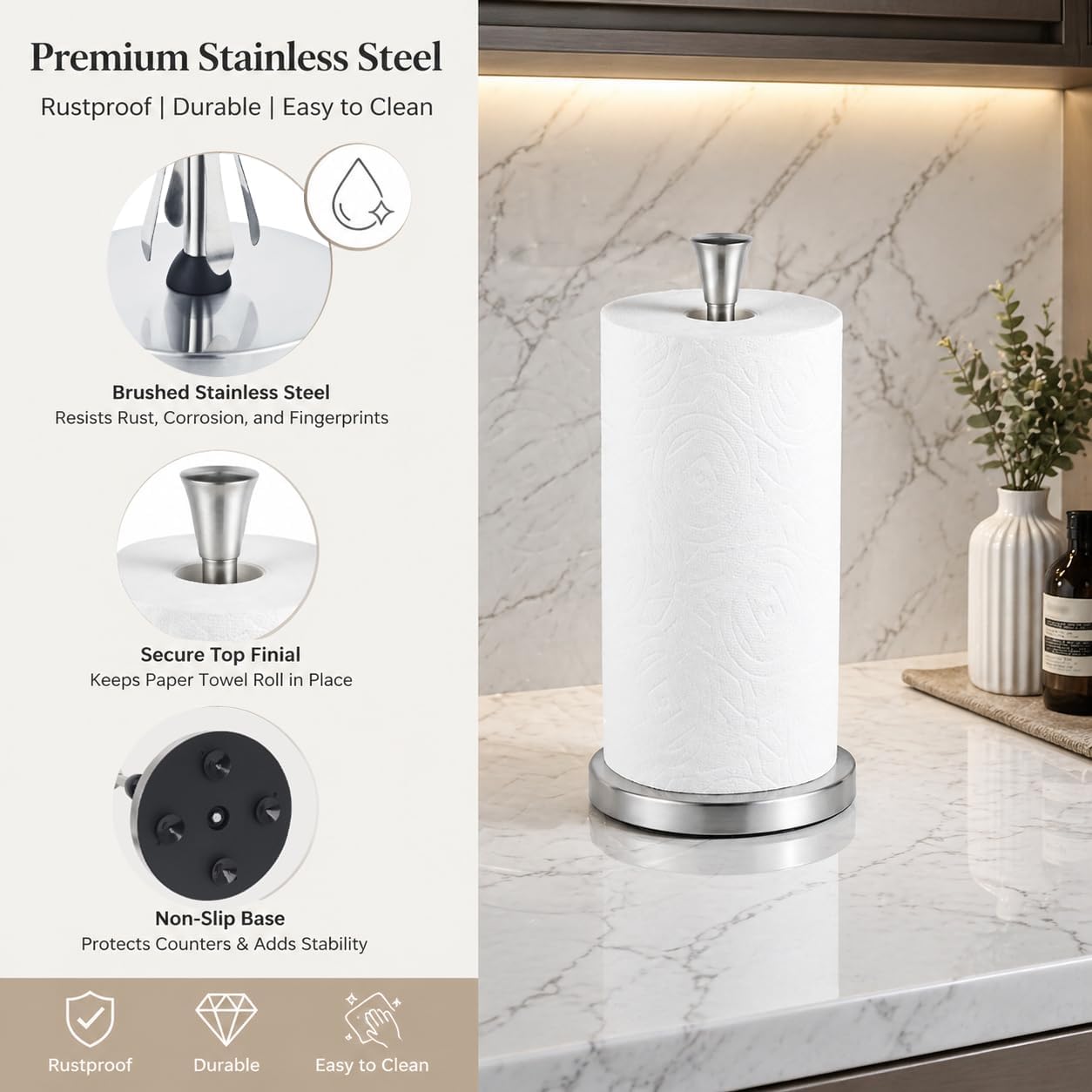 Paper Towel Holder Countertop with Suction Cups - Heavy Duty (2.9 lbs) Stainless Steel Paper Towel Dispenser, One-Hand