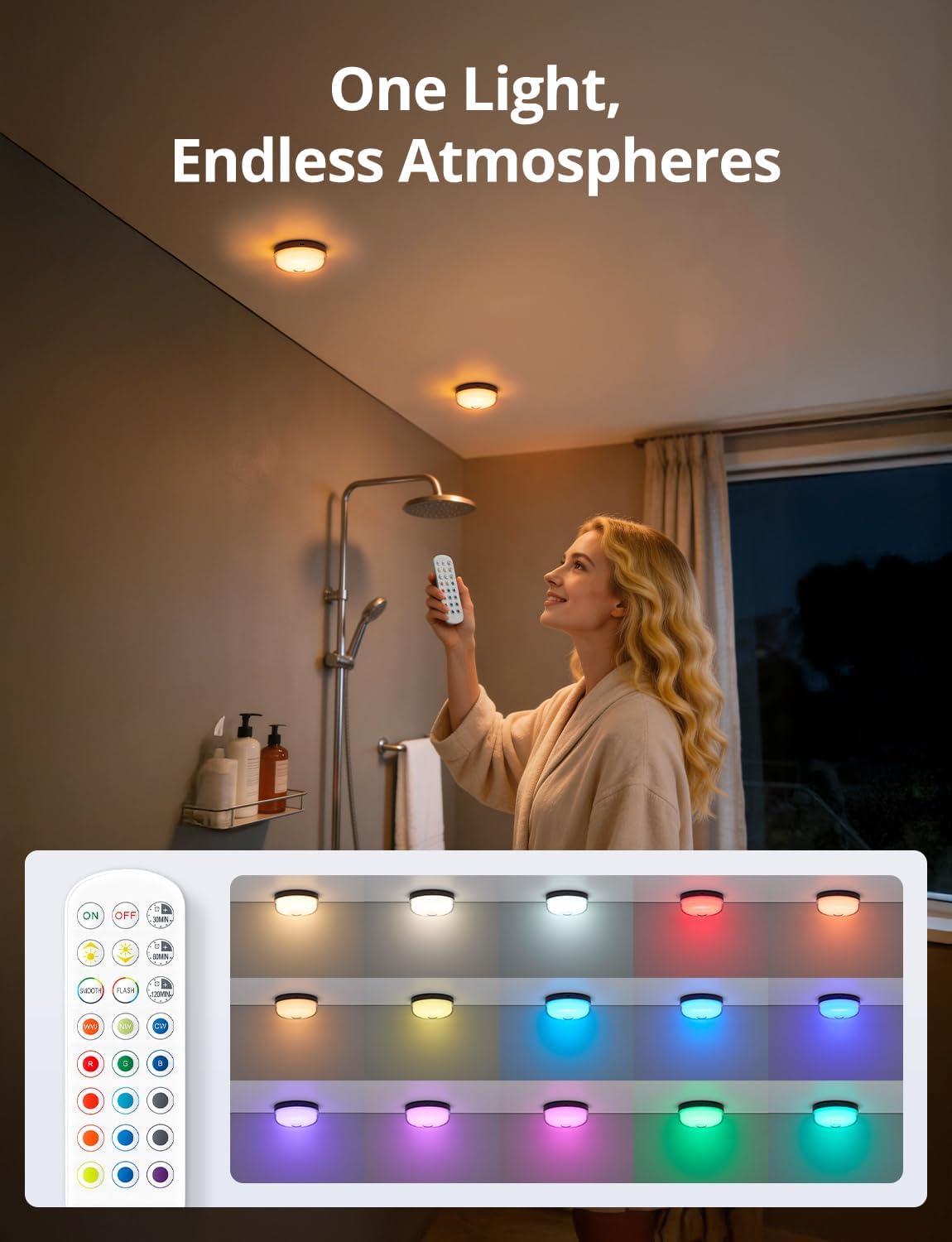 Rechargeable RGB Ambient Shower Light Waterproof Inside, 15 Color Changing Mood Lighting for Bathroom Bathtub IP65