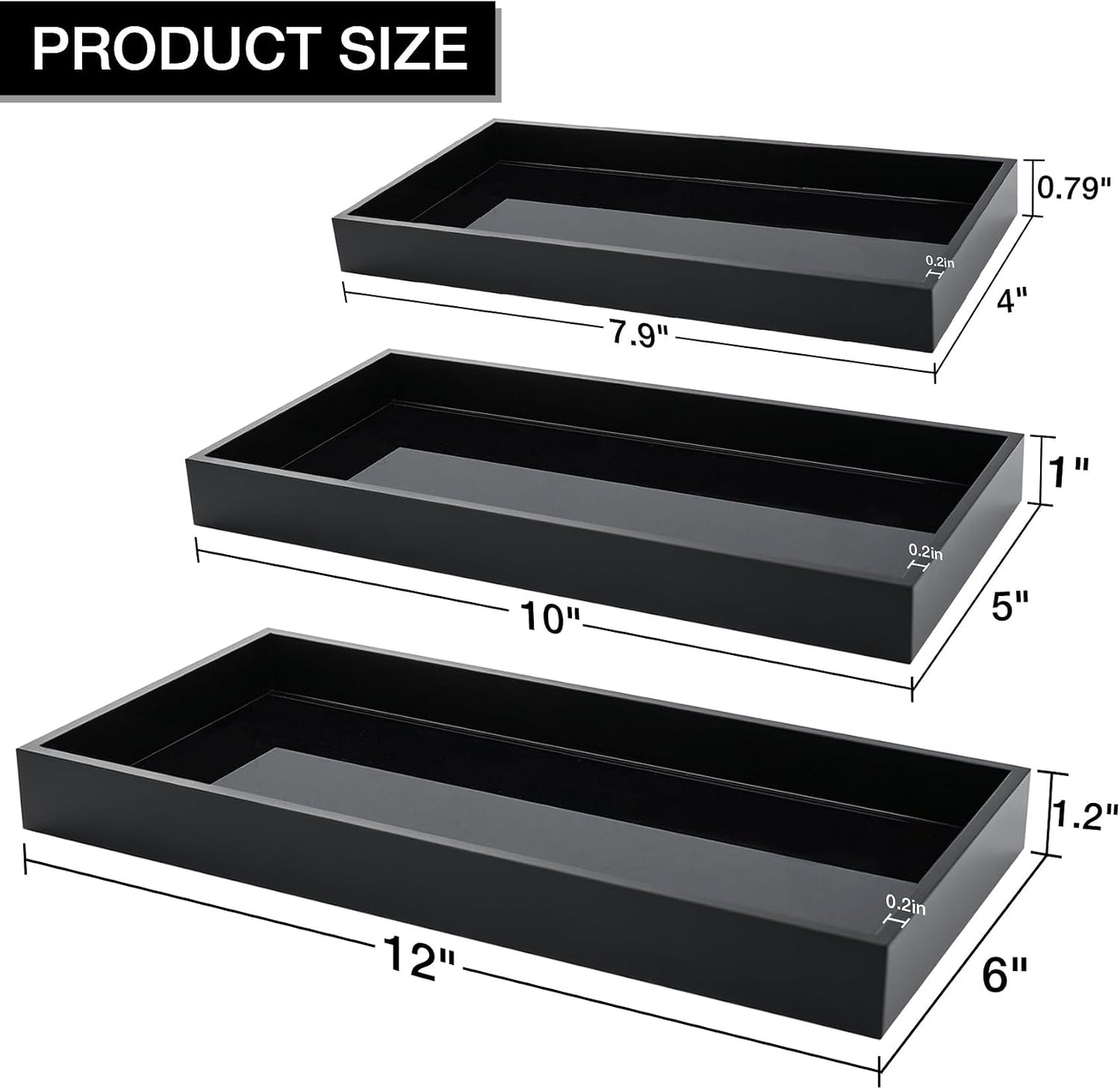 Acrylic Tray 5mm Thicken for Vanity Makeup / Black / 12 x 6 x 1.2