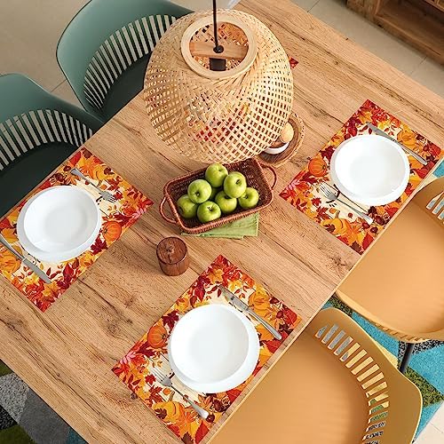 Whaline 100Pcs Fall Thanksgiving Paper Place Mats Pumpkin Leaves Disposable Placemats Autumn Seasonal Decorative Paper Table Mats, 14 x 9.8 Inch