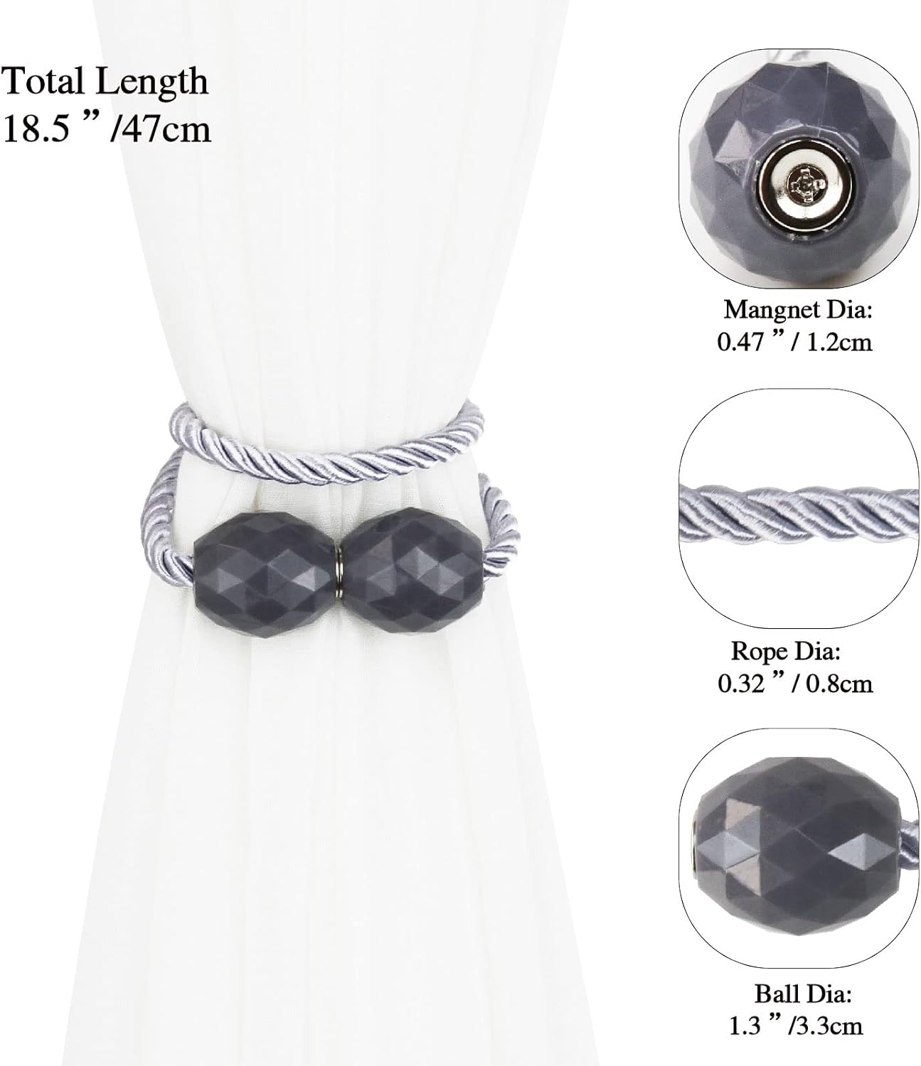 Strong Magnetic Curtain Tiebacks Decorative Rope Tie Backs Holdbacks Porlau | 6 Pack Grey Outdoor Curtain Rope Tiebacks