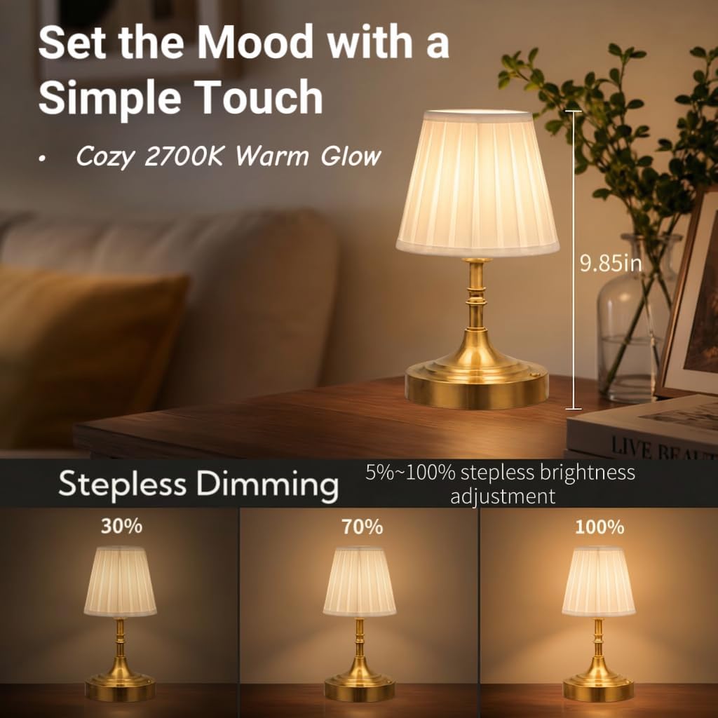 Gold Small Cordless Table Lamp Rechargeable,Mini Lamp - Kitchen Countertop | Battery Operated｜Touch