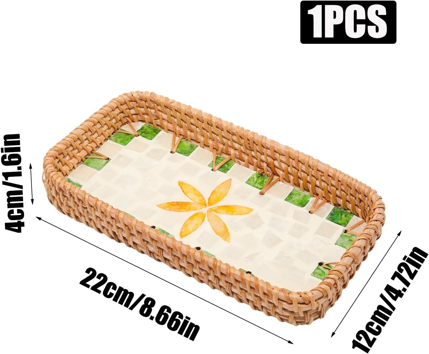 Rattan Serving Tray / 8.3 x 4.3 x 1.6 / Green Grid Yellow Leaves