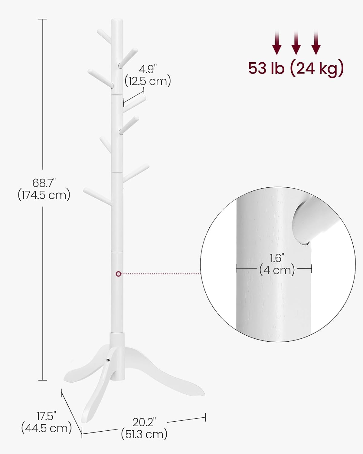 VASAGLE Solid Wood Coat Rack, Free Standing Tree-Shaped Coat Rack with 8 Hooks, 3 Height Options, for Clothes, Hats