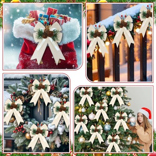 Syhood 6 Pcs Christmas Bows Xmas Velvet Bows Tree Decor, Champagne